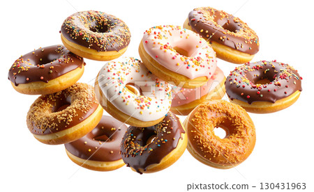 Delicious chocolate donuts with sprinkles on white background Delicious chocolate donuts with sprinkles on white background 130431963