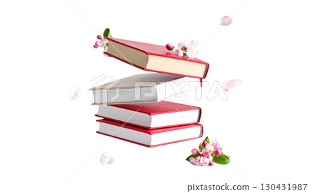 A stack of colorful books decorated with red ribbons, representing a journey of education and the pursuit of knowledge, isolated on a white background. 130431987