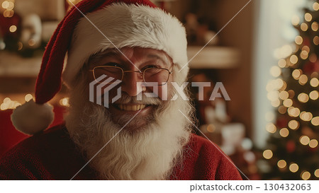 戴著眼鏡、微笑的白人男子扮成聖誕老人 戴著眼鏡、微笑的白人男子扮成聖誕老人 130432063