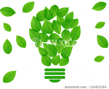 Green eco light bulb with leaves symbolizing energy, innovation and environmental growth isolated on white background 130432264