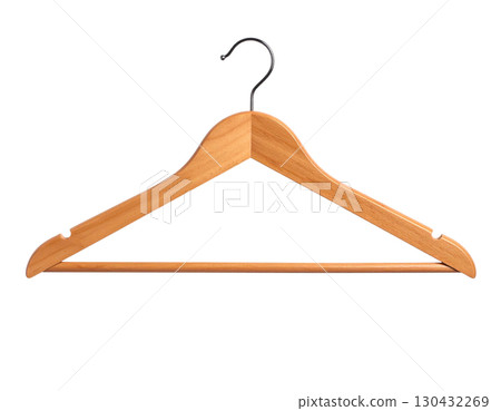 Wooden coat hanger with metal hook isolated on white background 130432269