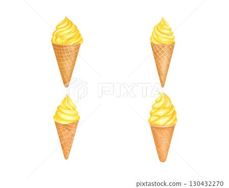A set of delicious cold ice cream cones with sweet flavors such as chocolate, vanilla and strawberry, isolated on a white background. 130432270