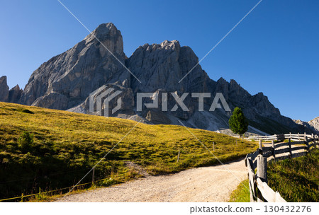 Pathway with wooden railings in alpine meadow leading to Munt de Fornella in Dolomites Pathway with wooden railings in alpine meadow leading to Munt de Fornella in Dolomites 130432276