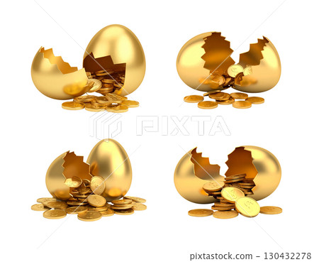 Golden eggs in nest with coins, perfect symbol of finance and business success isolated on white background. Golden eggs in nest with coins, perfect symbol of finance and business success isolated on white background. 130432278