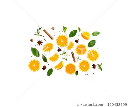 Collection of fresh tropical fruits, oranges and festive Christmas decorations isolated on white background 130432299