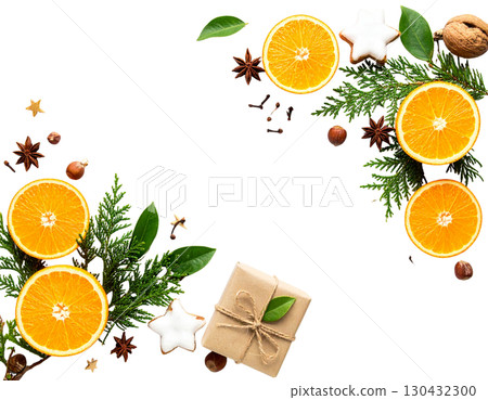 Collection of fresh tropical fruits, oranges and festive Christmas decorations isolated on white background 130432300