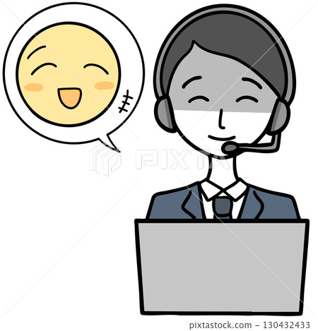 A man at a call center with a scheming personality and a happy person A man at a call center with a scheming personality and a happy person 130432433
