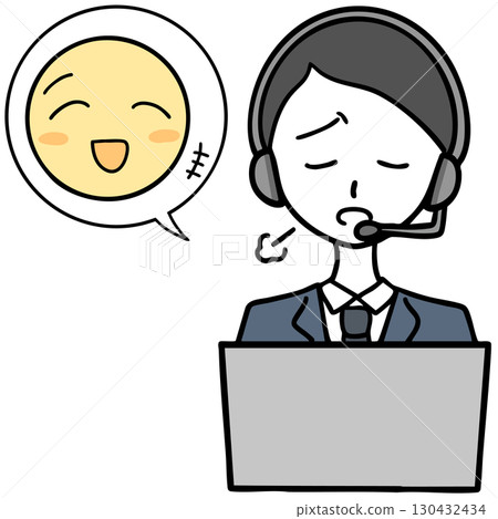 A man in a call center sighs and someone continues to talk A man in a call center sighs and someone continues to talk 130432434