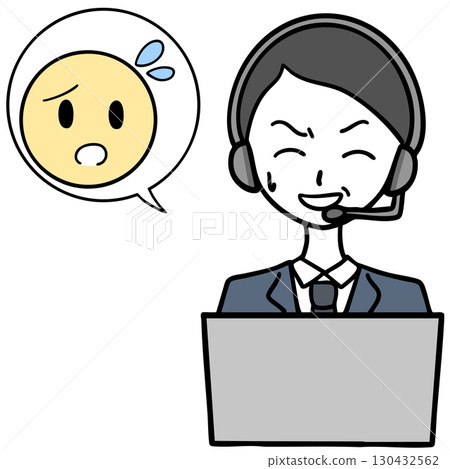 A man at a call center with a wry smile and a person in trouble 130432562