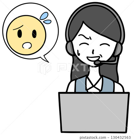 呼叫中心一位苦笑的女人和一位陷入困境的人 呼叫中心一位苦笑的女人和一位陷入困境的人 130432563