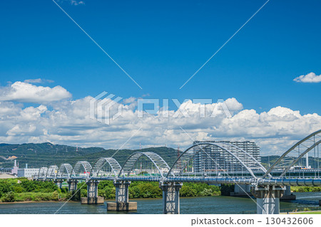 Water pipe bridge over the Yodo River, Hirakata City 130432606