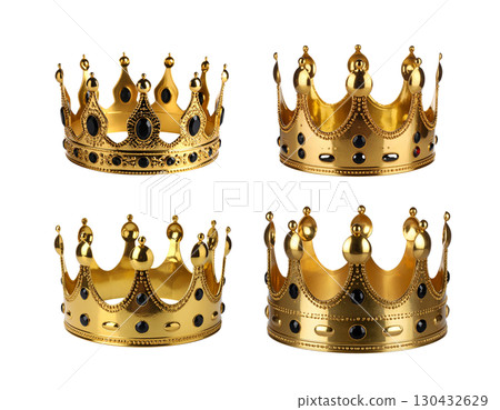 Golden crown adorned with diamonds, symbol of elegance, power and success, isolated on white background. 130432629