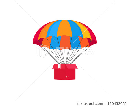 Vibrant 3D illustration of a gift box falling from the sky isolated on white background. 130432631
