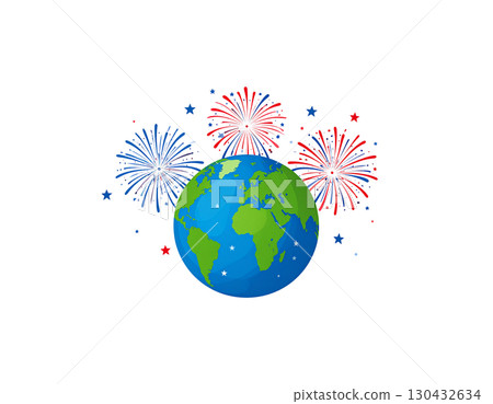 The world is decorated with a separate world map on a white background. 130432634
