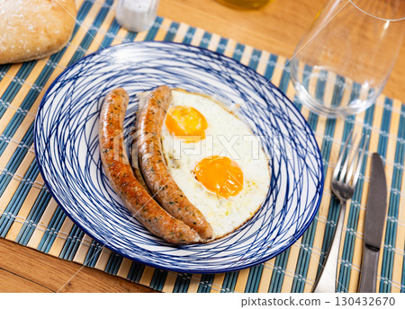 fried eggs with frankfurter sausages butifarra fried eggs with frankfurter sausages butifarra 130432670