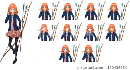 A lively female student character equipped with a bow and arrow, full-body anime-style standing illustration 130432684