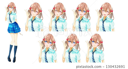 A full-body character illustration of a blonde with twin ponytails making a cheerful peace sign, in an anime/manga style 130432691