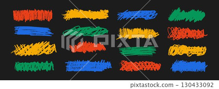 Bright colorful childish scribble collection. Colored crayon doodle line and stripe set. Hand drawn rough charcoal brushstroke element pack. Pastel pencil curly, wavy, squiggly stroke bundle. Vector 130433092
