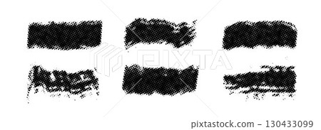 Halftone grunge brush stroke set. Rough dotted grainy dirty stripe collection. Vector pop art paint stain pack. Gritty distressed elements for text box, banner, poster, badge, collage, border, frame 130433099