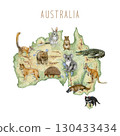 Map of Australia with native animals hand drawn watercolor illustration isolated on white background. Kangaroo, koala, echidna, dingo, bilby on Australian continent vintage style image 130433434
