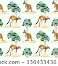 Kangaroo animals with gum trees landscape element hand drawn seamless pattern. Australia native marsupial mammals vintage style painted illustration. Cute kangaroos seamless pattern design 130433436