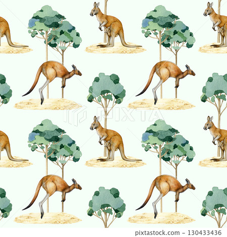 Kangaroo animals with gum trees landscape element hand drawn seamless pattern. Australia native marsupial mammals vintage style painted illustration. Cute kangaroos seamless pattern design 130433436