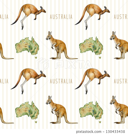 Cute kangaroos with Australia continent map hand drawn vintage style seamless pattern. Australian native marsupial mammals painted illustration. Kangaroo animals endless pattern design element Cute kangaroos with Australia continent map hand drawn vintage style seamless pattern. Australian native marsupial mammals painted illustration. Kangaroo animals endless pattern design element 130433438
