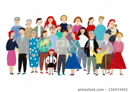 Multi-generational people drawn with colored pencils, facing forward and smiling 130433481