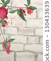 Pomegranate branch with fruits, flowers, and green leaves on rustic brick wall background. Watercolor illustration. Botanical artwork for posters, packaging, invitations, restaurant menus, and decor 130433639