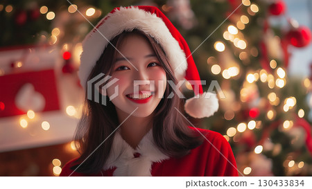 微笑的日本女子扮成聖誕老人 130433834