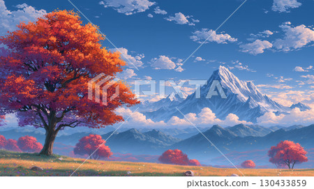 Orange leaves and mountains under the blue sky 130433859