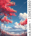 藍天下的橙色樹葉和高山 130433860