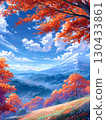藍天下的橙色樹葉和高山 130433861