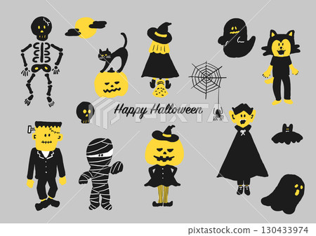 Halloween character hand-drawn illustration set (yellow and black) 130433974