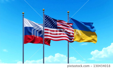 Russian flag, US flag and Ukrainian flag fluttering against blue sky 130434018
