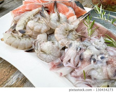 Stock photo: Seafood served on a plate Stock photo: Seafood served on a plate 130434273