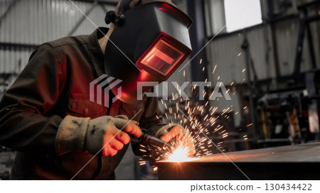 industrial worker in protective mask welding metal in factory, production concept 130434422