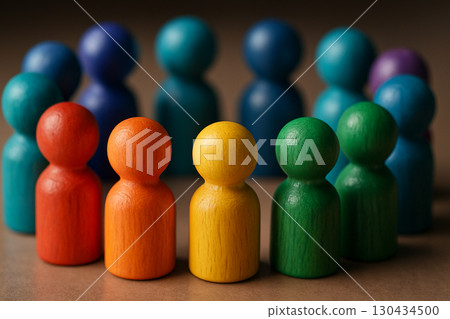 Wooden peg figures in rainbow colors forming a circle on dark surface representing collective inclusion and equity 130434500