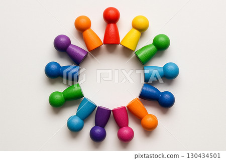 Top view of colorful wooden figures forming flower-like circle on white background symbolizing inclusion unity 130434501