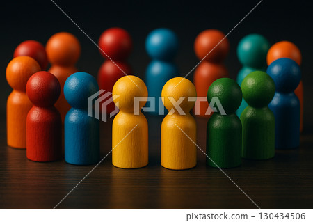 Multicolored wooden peg figures arranged in circle on dark background highlighting inclusion equity and diversity 130434506