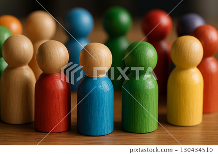 Close up of colorful wooden peg figures forming a united circle on dark surface symbolizing teamwork inclusion equity 130434510