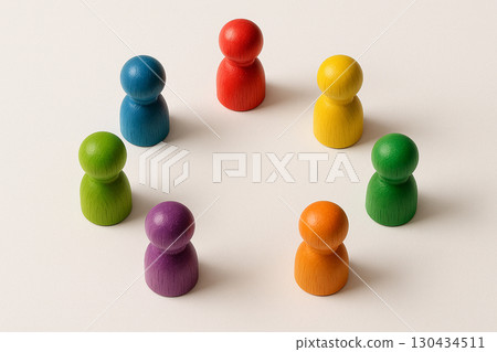 Small group of multicolored wooden figures standing in loose circle on white background symbolizing inclusivity equity. 130434511