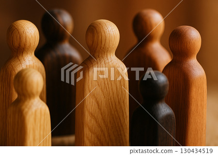 Close up side view of wooden peg figures in warm natural tones symbolizing equity diversity and inclusivity. Close up side view of wooden peg figures in warm natural tones symbolizing equity diversity and inclusivity. 130434519
