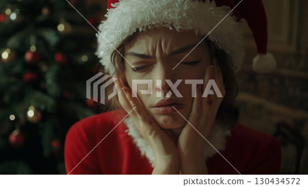 一名白人女子打扮成聖誕老人，閉著眼睛 130434572