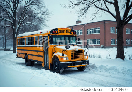 yellow school bus in front of school building on winter day, education concept yellow school bus in front of school building on winter day, education concept 130434684