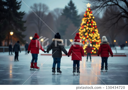 group of children skating on rink in front of christmas tree, holiday concept 130434720