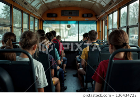 group of school children riding in school bus rear view, back to school, education concept 130434722
