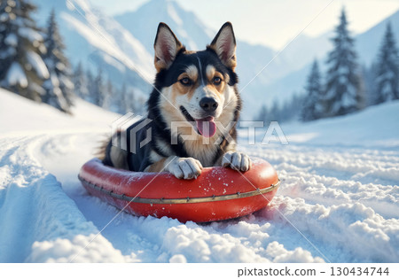 big beautiful alaskan shepherd riding red snow tubing in winter mountains 130434744