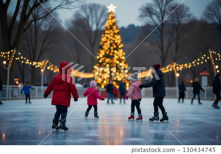 children ice skating on the rink in front of the christmas tree in the evening 130434745