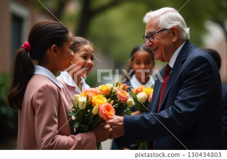 back to school, girls give bouquet of flowers to their elderly teacher, education concept 130434803